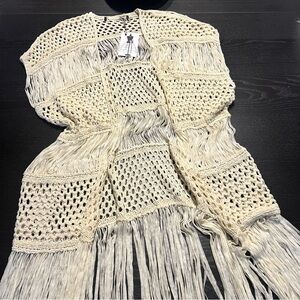 Crochet Fringe Kimono Cardigan in Cream